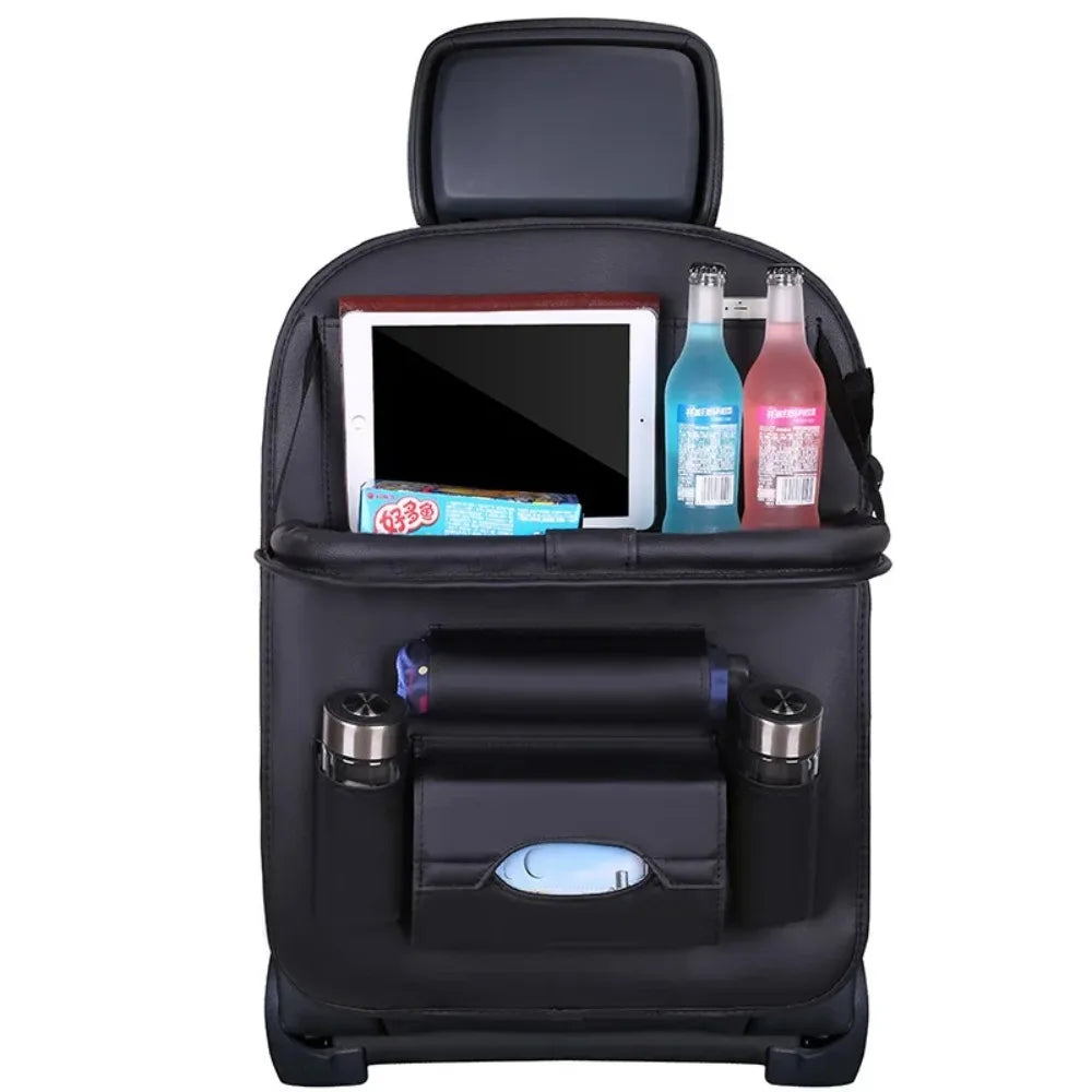 PU Leather Seat Back Organizer with Foldable Table Tray