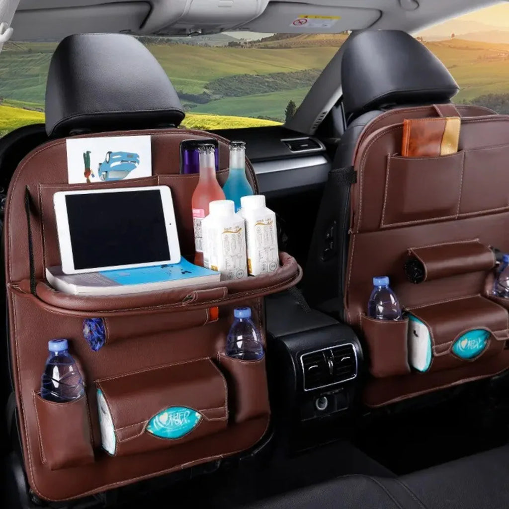 PU Leather Seat Back Organizer with Foldable Table Tray