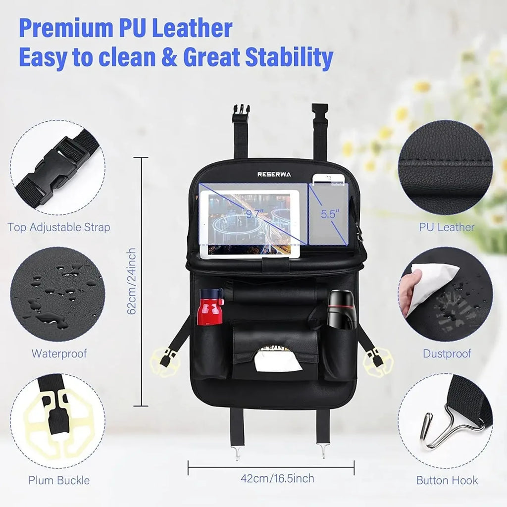 PU Leather Seat Back Organizer with Foldable Table Tray