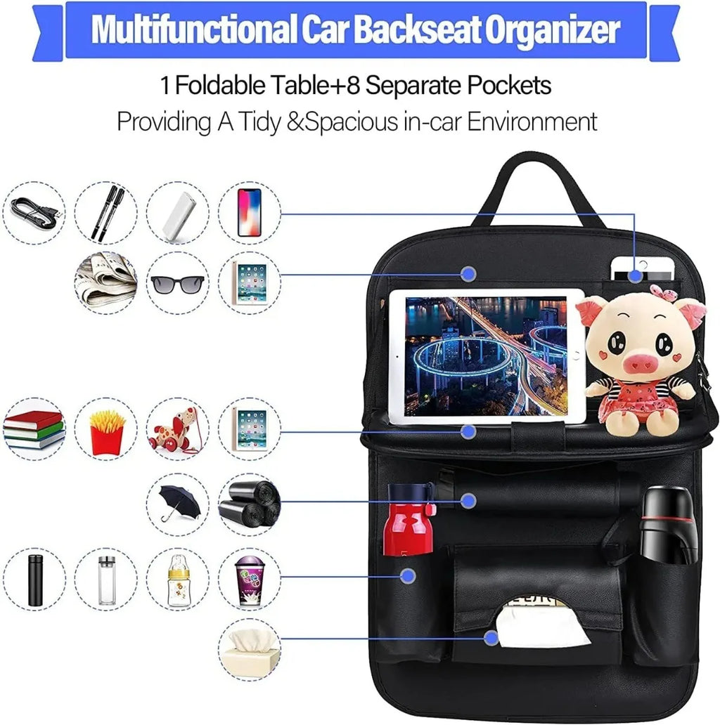 PU Leather Seat Back Organizer with Foldable Table Tray