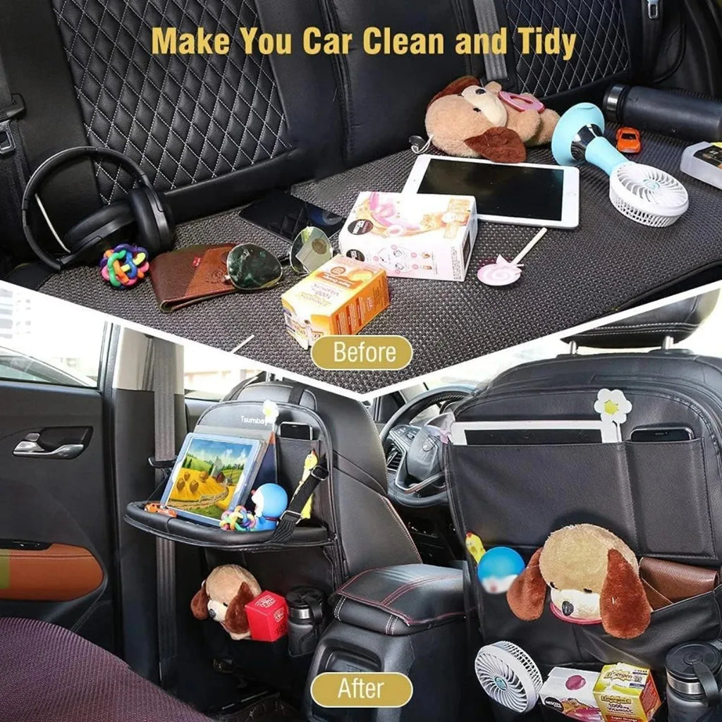 PU Leather Seat Back Organizer with Foldable Table Tray